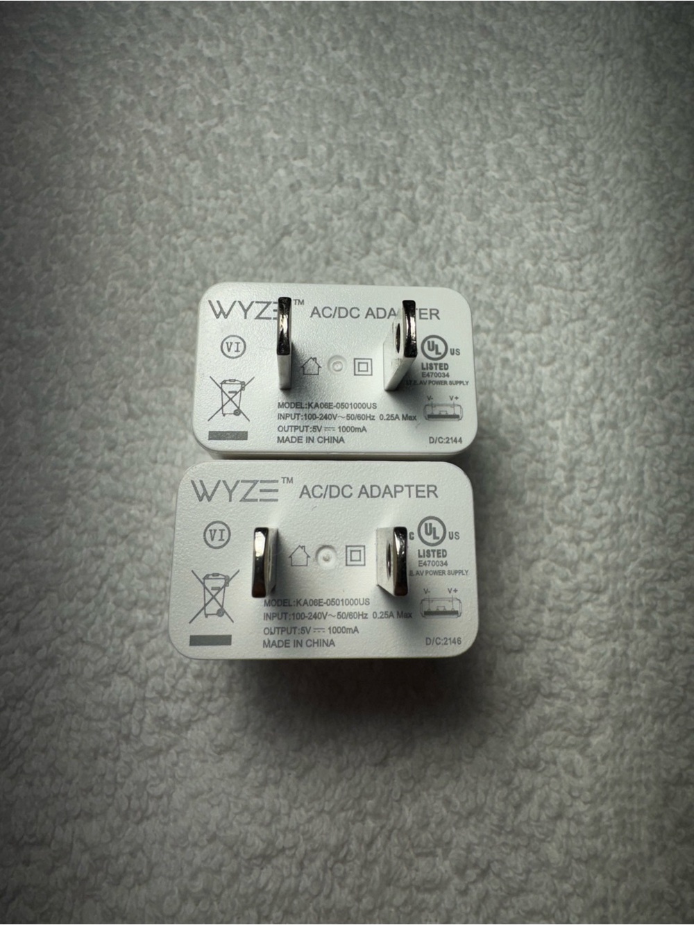 Lot of 2 WYZE USB Power Adapter 100V-240V 5V 1000mA KA06E-0501000US